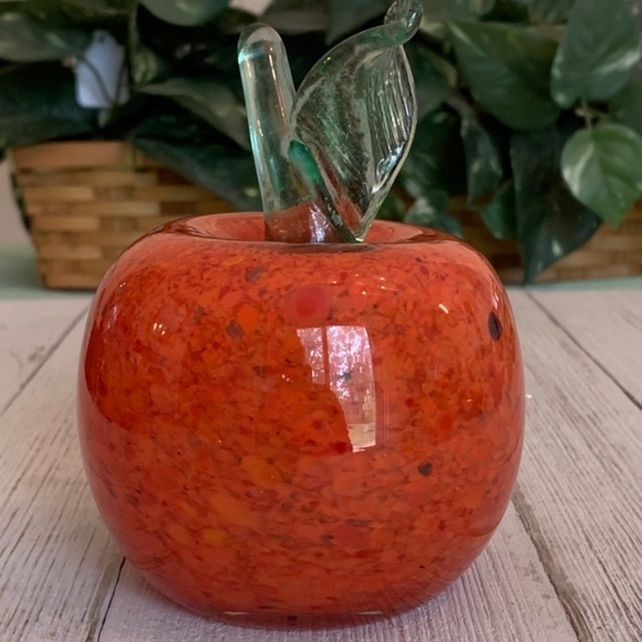 Orange Art Glass Weighted Apple Paperweight With Clear Green Stem Leaf 4 1/2” T - Picture 15 of 15